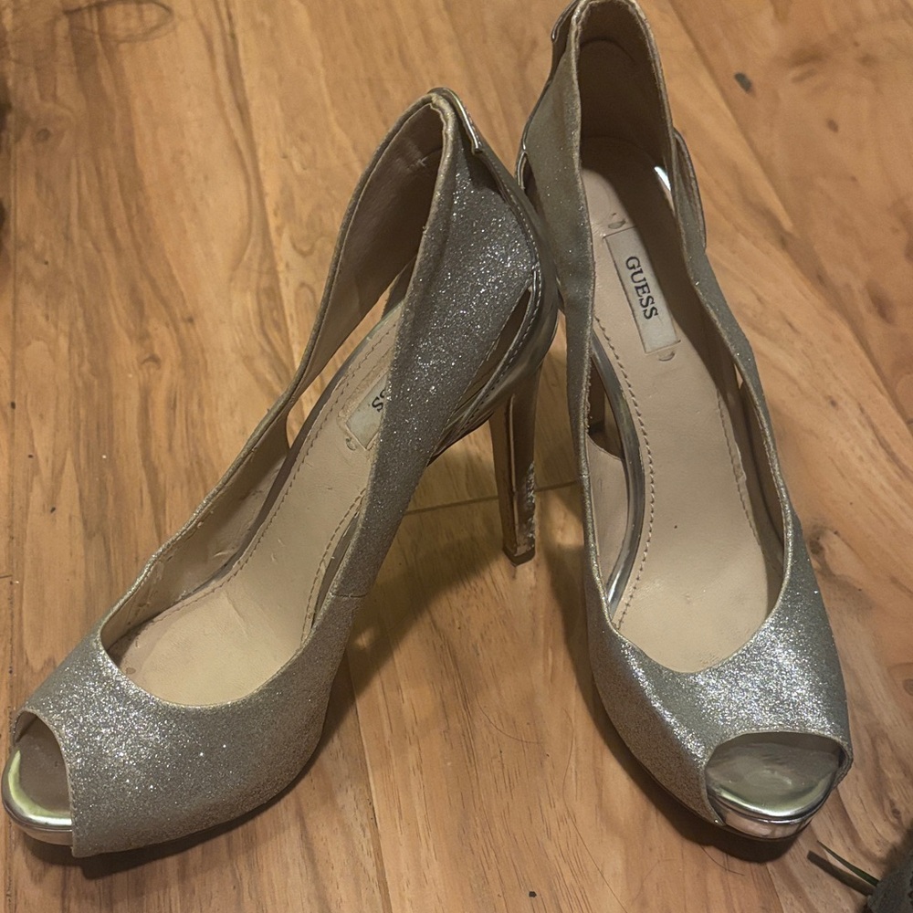 Guess Glittering Silver Peep-Toe Heels